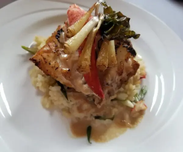 A gourmet dish with meat, sauce, and vegetables on a white plate.