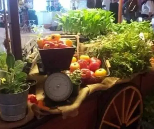 Fresh vegetables displayed on a rustic wooden cart at a market.