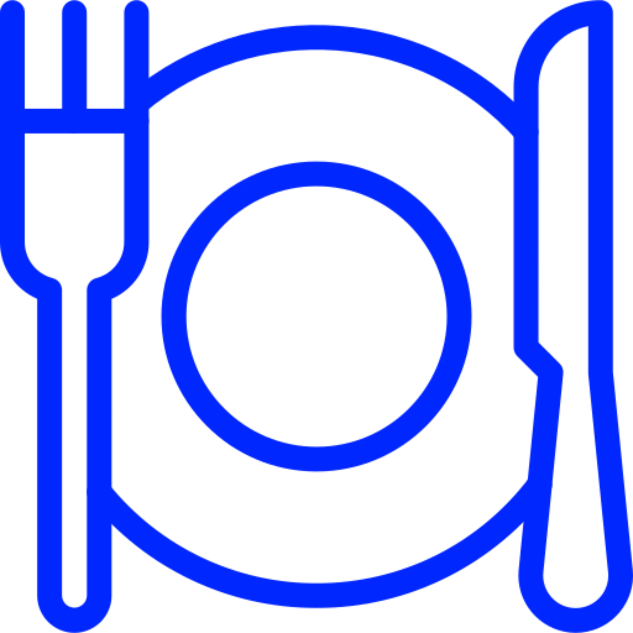 Icon of a plate with fork and knife on a blue background.