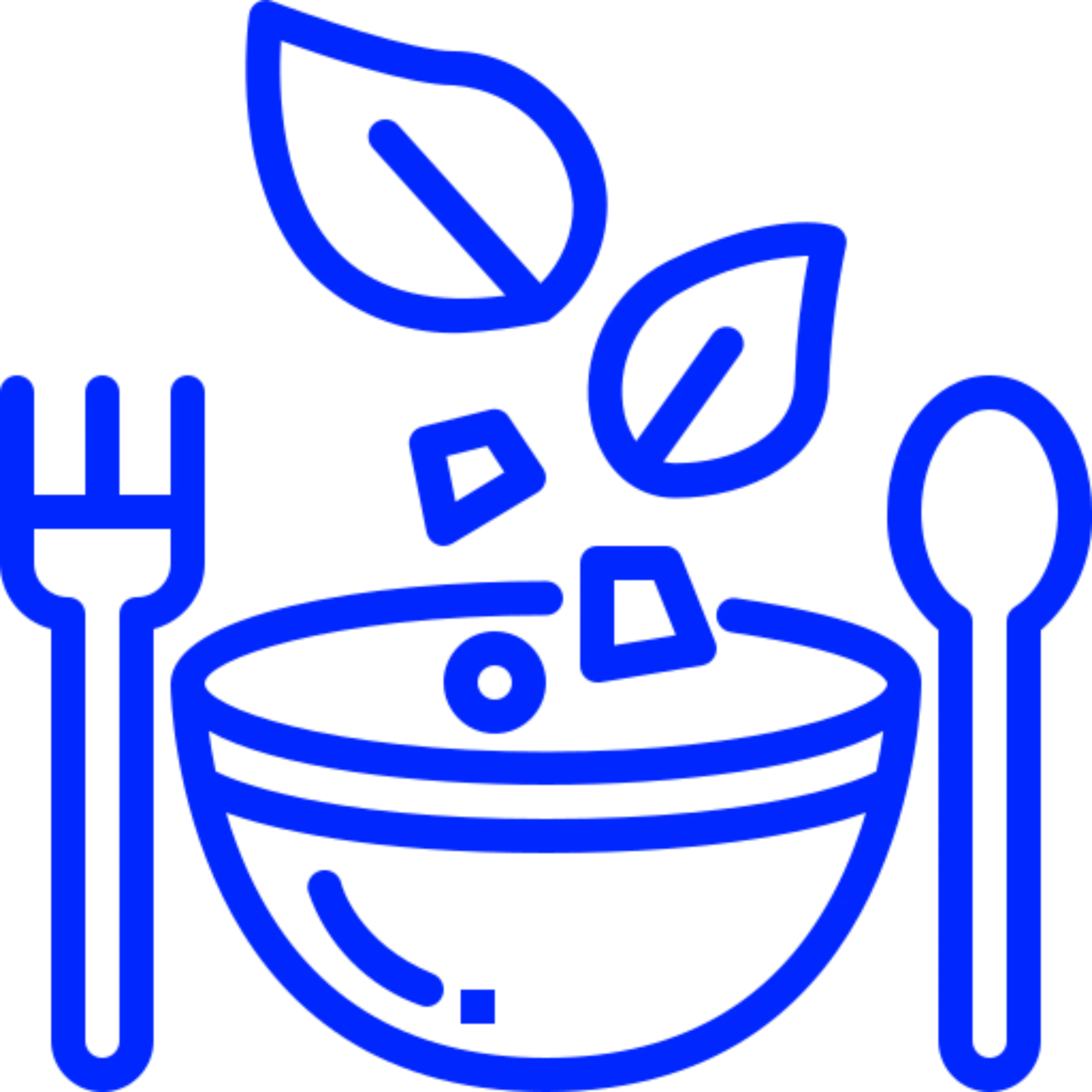 Blue icon of a bowl with leaves, fork, and spoon.